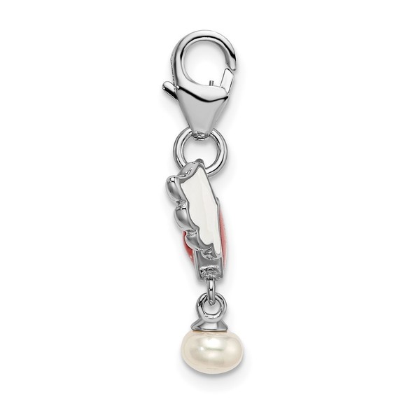 925 Silver 3-D Winged Enameled Red Heart & FWC Pearl Bracelet Charm w Clasp